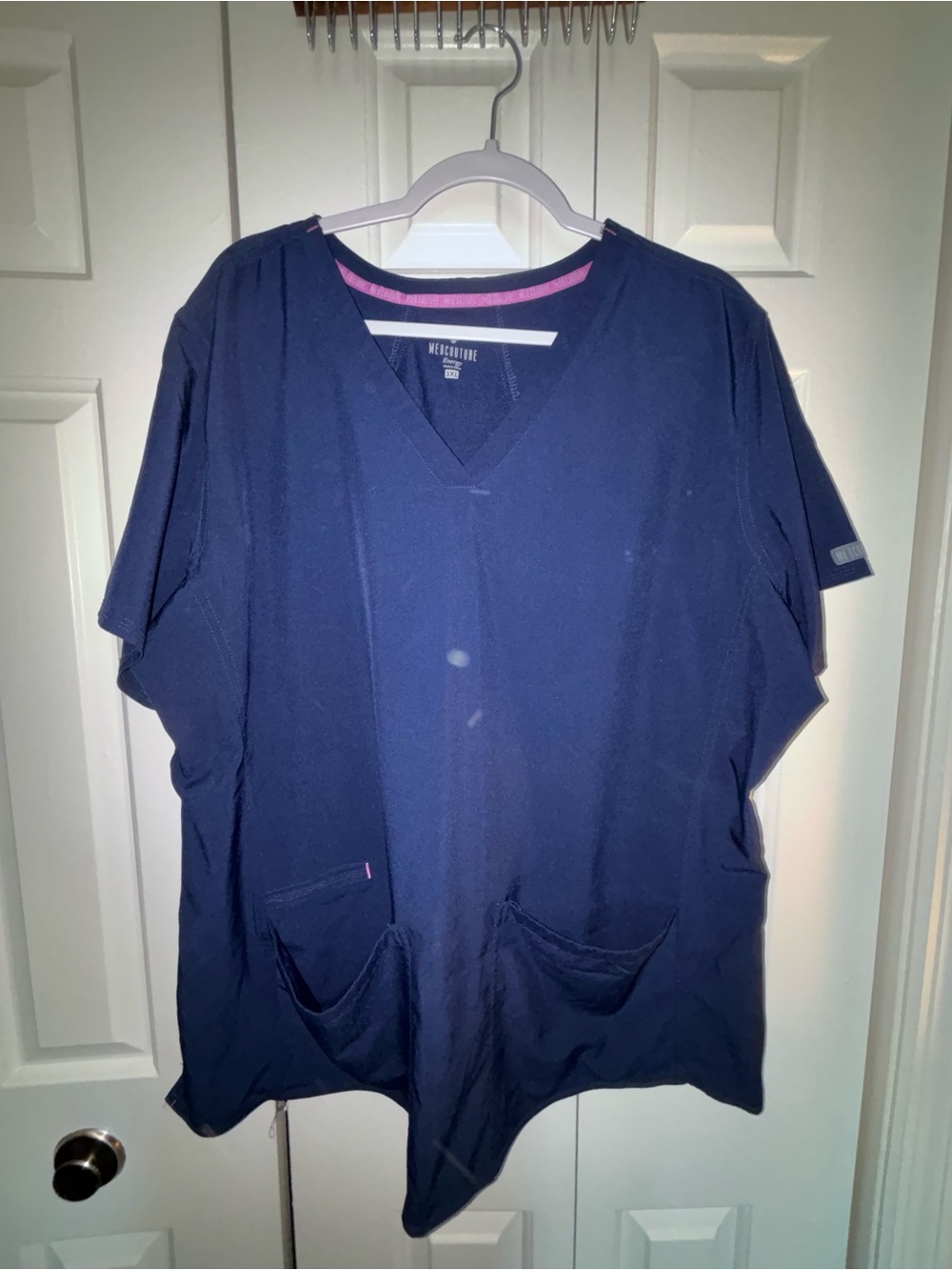 Med Couture Navy Scrub Top with Pink Trim